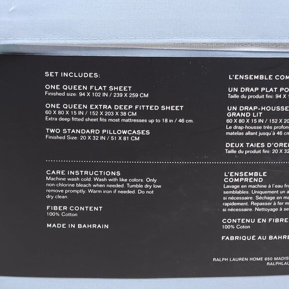 Lauren Ralph Lauren Queen Sheet Set Dunham Sateen 300 Thread Count Blue - Picture 7 of 8